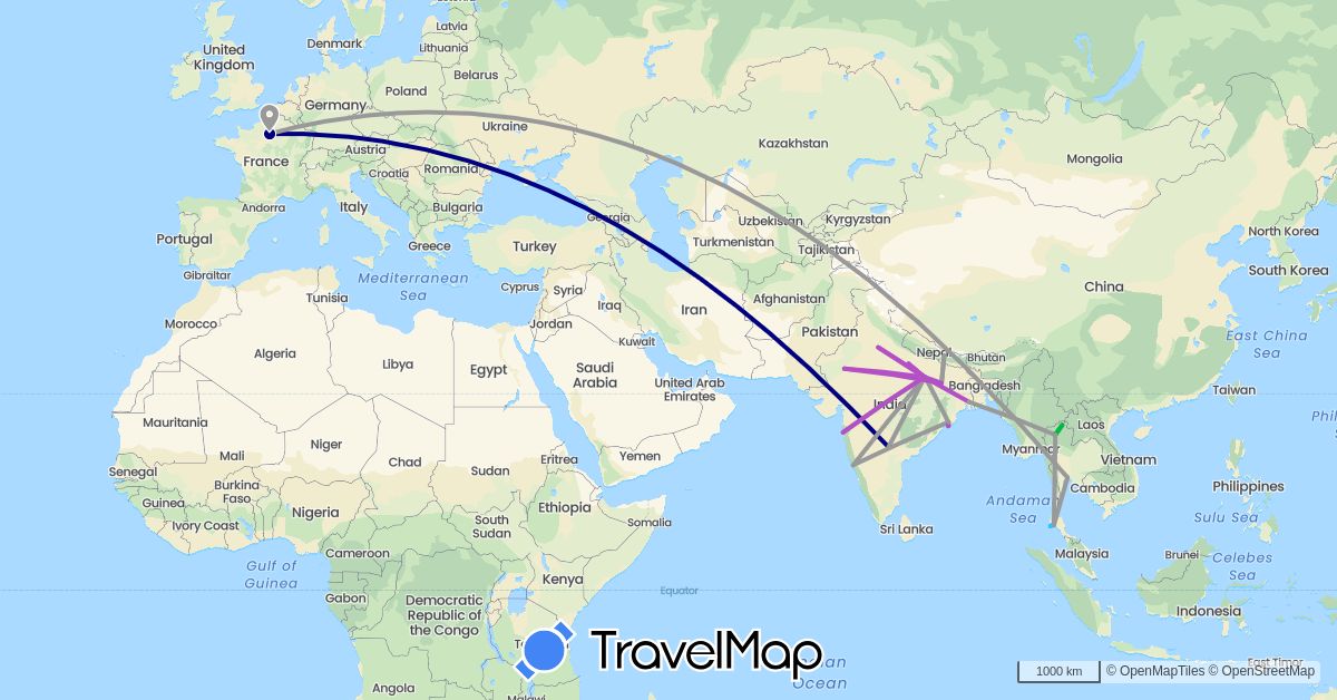 TravelMap itinerary: driving, bus, plane, train, boat in France, India, Nepal, Thailand (Asia, Europe)