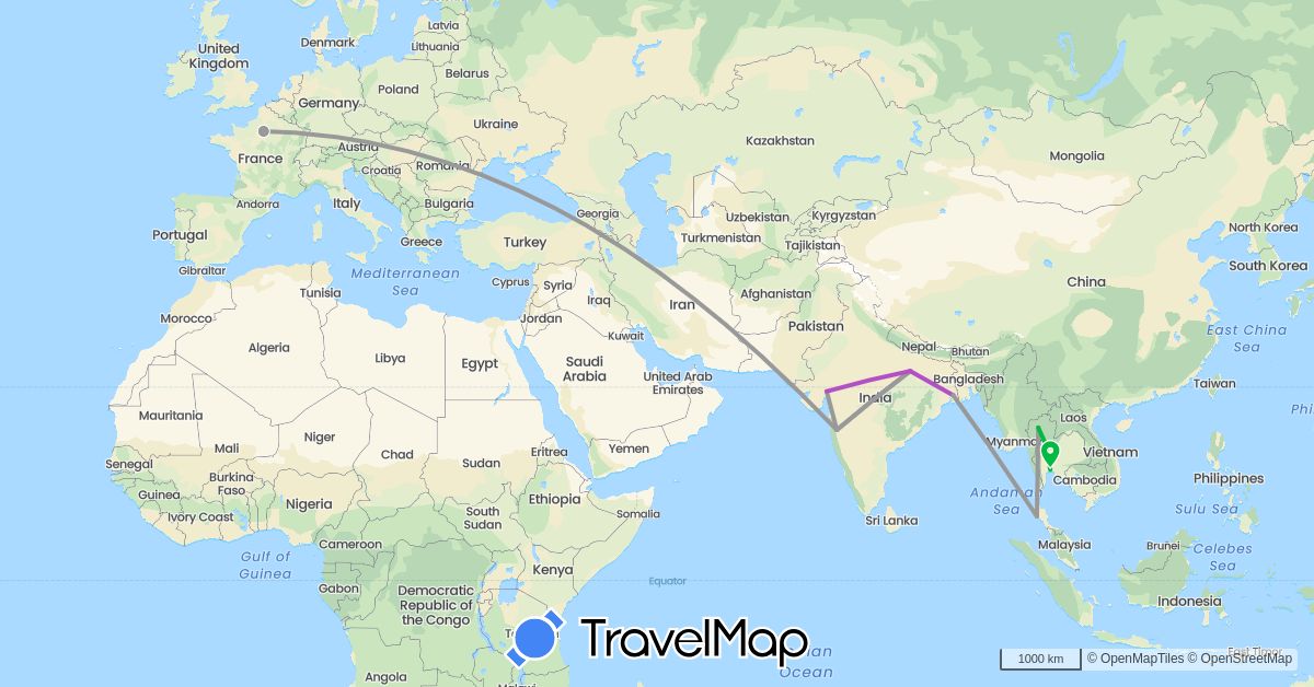 TravelMap itinerary: driving, bus, plane, train in France, India, Thailand (Asia, Europe)